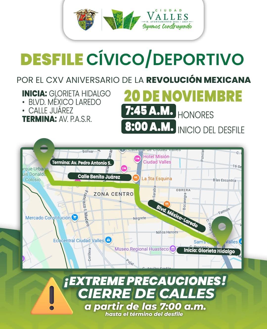 Anuncian cierres viales por desfile del 20 de noviembre en #CdValles