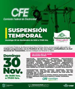 Anuncian corte programado de energía eléctrica este domingo en #Tamazunchale ⚡️🚫